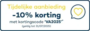 tijdelijke korting van 10% op alle producten met code VA2025, tot 31 juli 2025