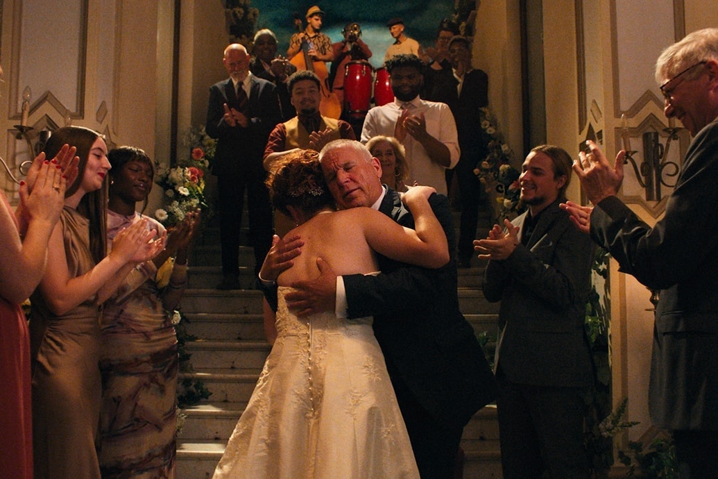 een bruid en haar vader geven elkaar een knuffel terwijl andere mensen hen toejuichen