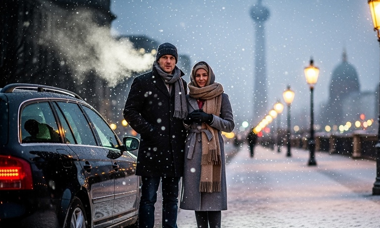 Twee personen op straat naast een auto in een winter setting