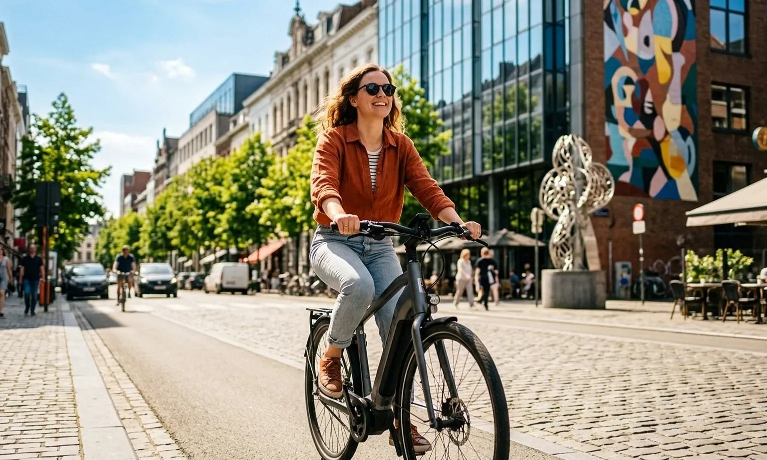 Persoon fietst door een zonnige stadsstraat met gebouwen, auto’s en kunstwerken.