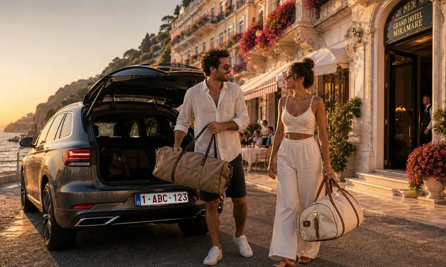 Twee personen halen reistas uit een auto voor een hotel aan de kust.